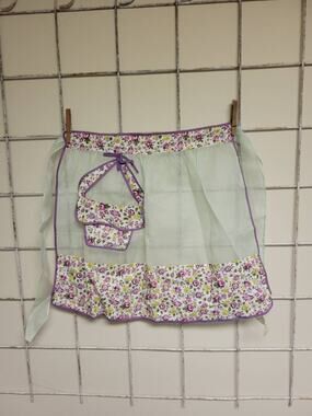 Vintage 1950s Sheer Half Apron Green Organza Purple Floral Cotton Hostess Pocket